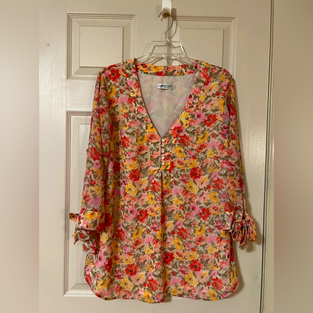 Coldwater Creek Plus Size 1X Floral Print Blouse V Neck Pullover Sleeves w/ Bows